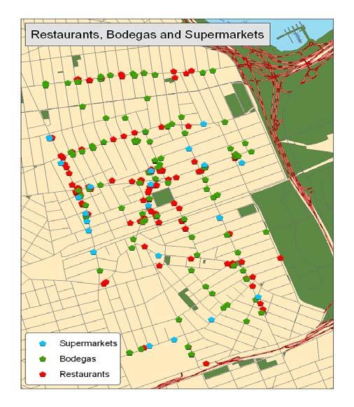Map 4a: Restaurants, Bodegas, and Supermarkets Map 4b: Restaurants Latin American restaurants are the most common type of