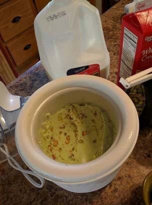 Once mixed, stir into rest of ice cream mixture. Add to Ice Cream Maker and Churn for 20 30 mins.