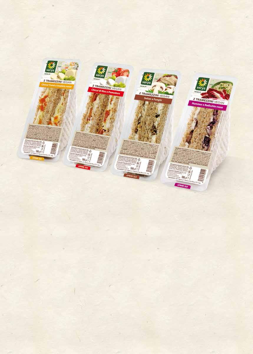 Sandwiches of whole wheat bread with vegetable filling. SANDWHICHES VEGAN Weight 180 g SCHEDA LOGISTICA Plastic laminated trays N. pieces/carton 8 N. cartons/layer 16 N. layers 12 N.