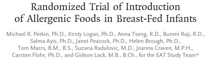 Enquiring about Tolerance (EAT) Study (2016) Early introduction (3 months) of common dietary allergens in exclusively breast-fed infants vs.