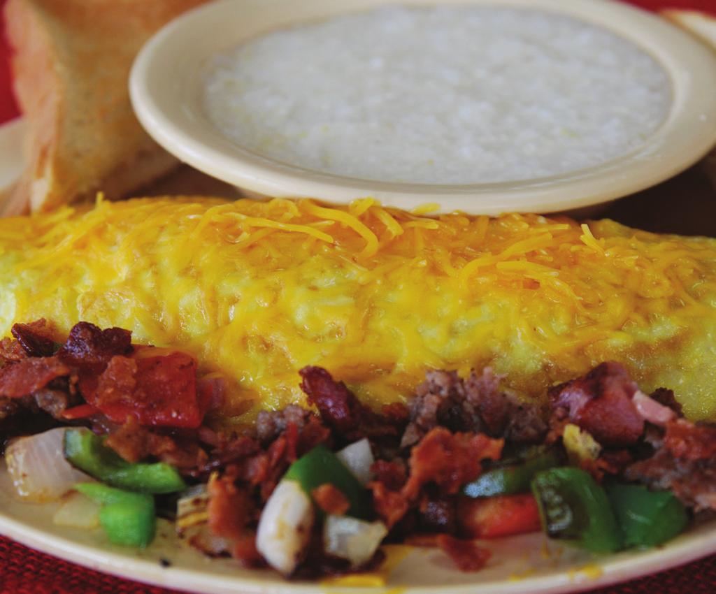 Cooley Omelets Our three egg omelets are sure to fill the belly. Served with grits and a Cathead biscuit or toast (white or wheat). Substitute Hashbrowns for Grits -.
