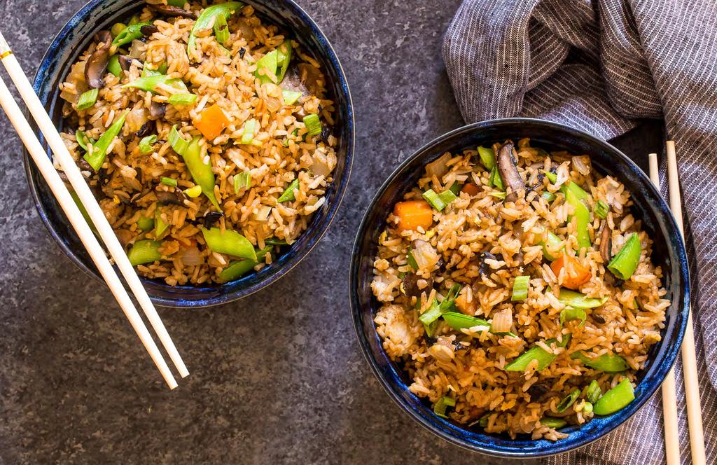 VEGETARIAN DISHES Vegetable fried Rice 2 garlic cloves, minced ½ inch piece of ginger, minced 1 medium onion, diced 1 medium carrot, diced 8 ounces shiitake or cremini mushrooms, sliced 2 cups cooked