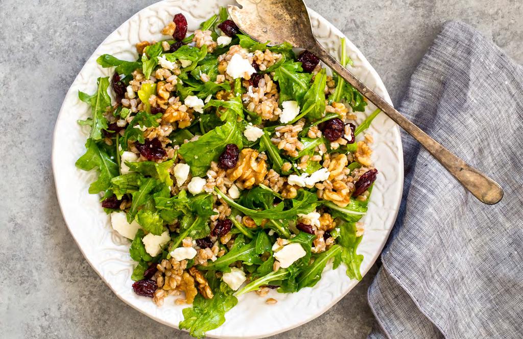 SALADS Farro Salad with Arugula, Cranberries, Feta, & Walnuts 1 cup pearled Italian farro 3 cups water 3 cups baby arugula 3/4 cup crumbled feta cheese ½ cup dried cranberries ½ cup toasted walnut