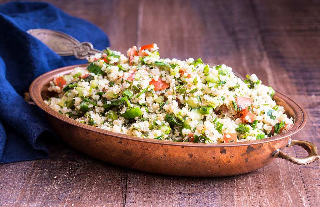 SALADS 8 Quinoa Tabbouleh Salad 1 cup quinoa 2 cups water ¼ cup lemon juice ¼ cup olive oil 1 cup chopped flat leaf parsley 1 cup chopped mint 1 bunch scallions, chopped (about 1 cup) 1 English or