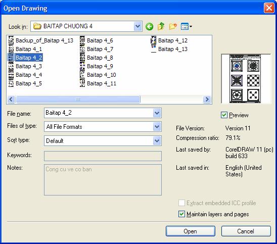 Bước 1: Chọn Menu File, chọn Open hoặc chọn Open trên thanh Standard, hoặc nhấn tổ hợp phím tắt Ctrl + O. Bước 2: Hộp thoại Open Drawing xuất hiện.