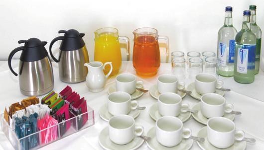 Tea/coffee machine disposable cups (help yourself) Fresh tea/coffee china (at set refreshment breaks] Biscuits/pastries/fruit
