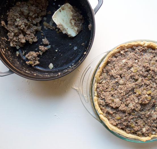 Pack the pie with as much of the meat filling as you can, without it spilling over the top of the pie dish. 6.