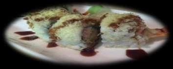10 Crunch Shrimp Tempura Roll -Shrimp tempura, crab meat & avocado roll w/ tempura flake on outside -served w/ unagi sauce