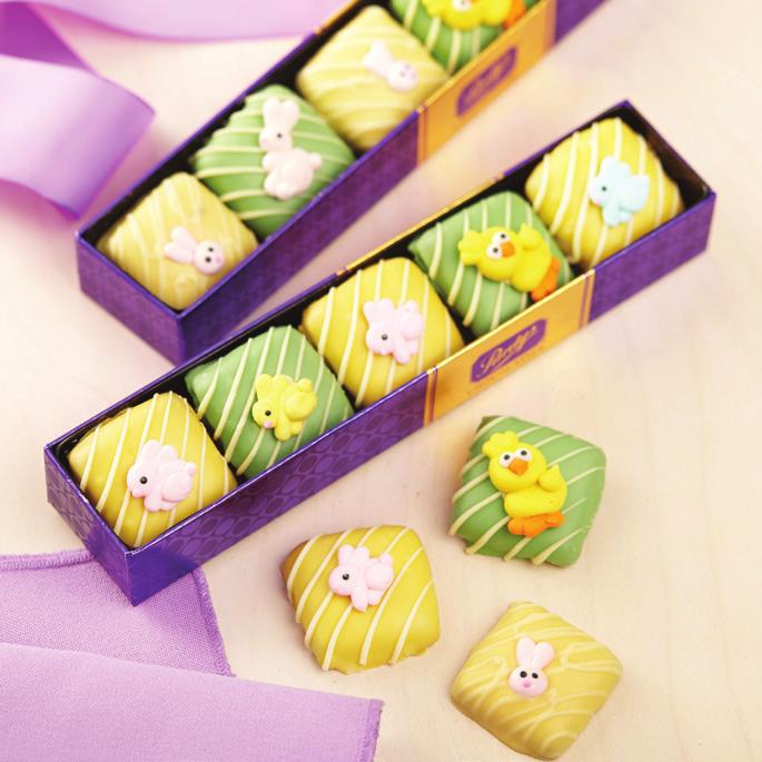 colourful white chocolate and decorated with a candy bunny or baby chick.