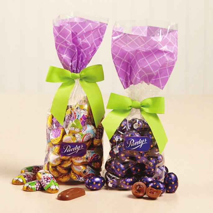 New for 2017, our solid chocolate eggs are also available in cheerful chevron-print totes in pastel purple (milk chocolate eggs) or teal (dark chocolate eggs).
