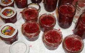 Step 9 - Fill the jars with the hot jam and put the lid and rings on Fill them to within ¼-inch of the top, wipe any spilled jam off the top, seat the lid and tighten the