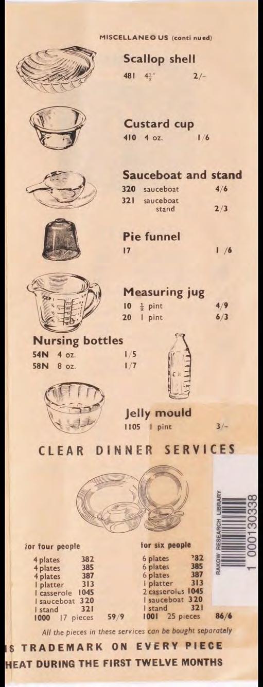 MISCELLANEOUS (continued) Seal lop she I I 481 4f ' 2/ - Custard cup 410 4 OZ, 1/ 6 Sauceboat and stand 320 sauceboat 4/ 6 321 sauceboat stand 2/ l Pie funnel 17 I / 6 Measuring jug 10 t pint 4/ 9 20