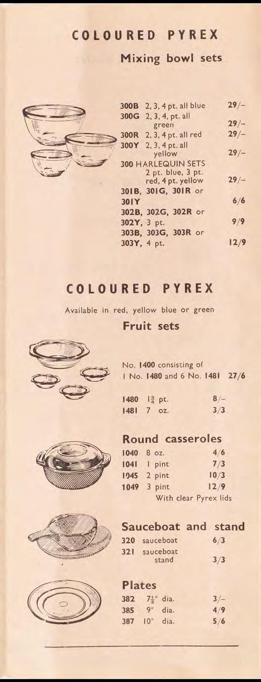COLOURED PYREX Mixing bowl sets 3008 2, 3, 4 pt. all blue 29/ - 300G 2, 3, 4, pt. all green 29/ - 300R 2, 3, 4 pt. all red 29/ - 2. 3, 4 pt. all yellow 29/ - 300 HARLEQUIN SETS 2 pt. blue, 3 pt.