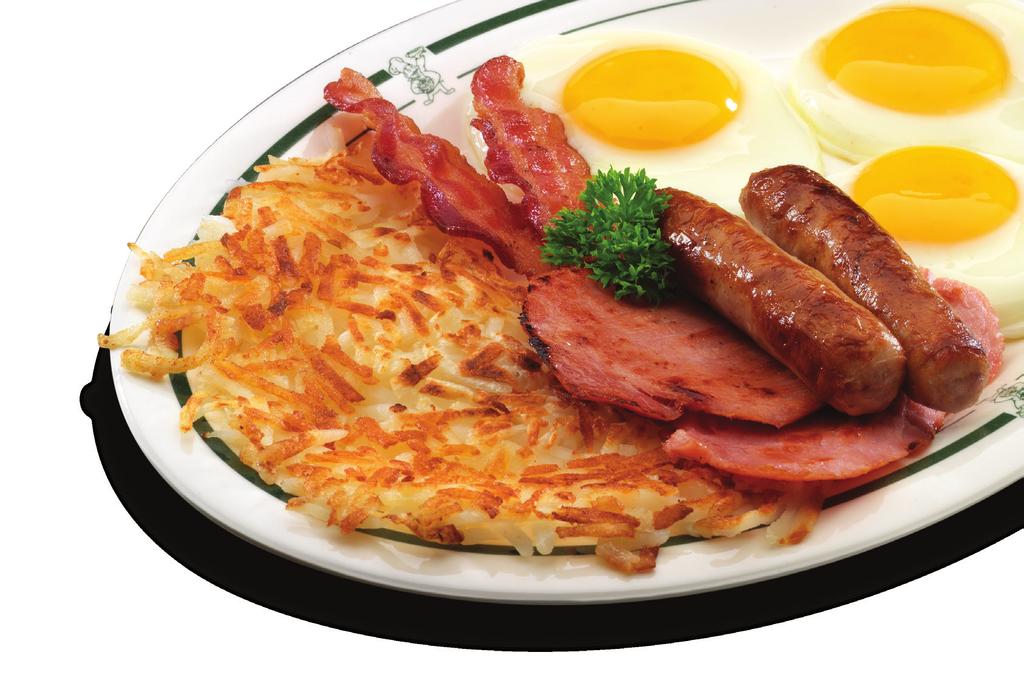 (No substitutions, please). TWO EGGS, ANY STYLE 3.49 With hash browns, toast & Jelly. Add ham, bacon, sausage (links or patties) or turkey sausage patties. 1.