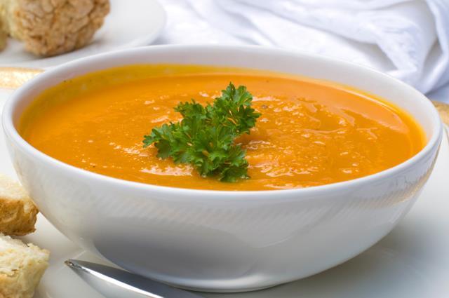 Curried Butternut Squash Soup Prep Time: 10 minutes Cooking Time: 26 minutes Servings: 12 (1 cup) Ingredients: 1 tablespoon olive oil 1 medium onion, chopped 2 cloves garlic, finely chopped 1 thin