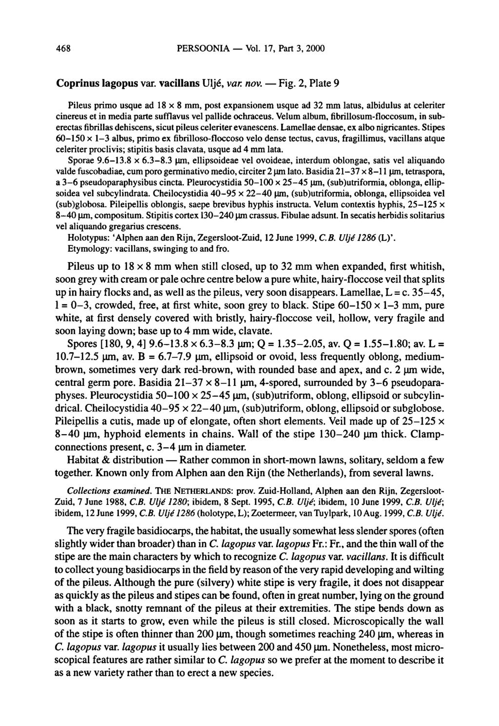 468 PERSOONIA Vol. 17, Part 3, 2000 Coprinus lagopus var. vacillans Uljé, var. nov. Fig.