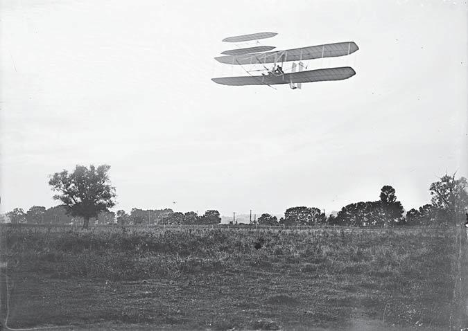 Orville Wright pilots his 41st flight to an altitude of about 60 feet outside Dayton, Ohio, in September 1905.