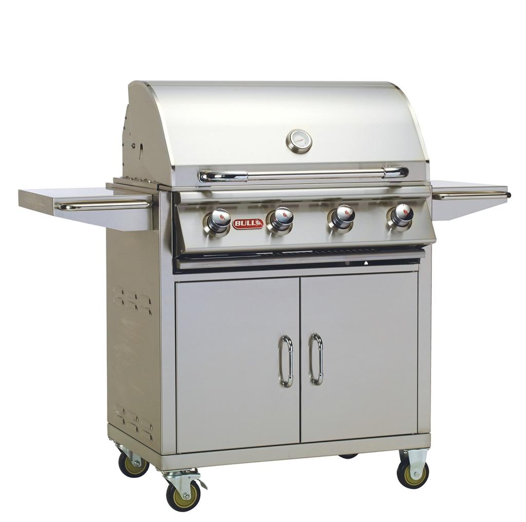 Outlaw Cart Features 14 Gauge, 304 Stainless Steel Construction 60,000 BTU s of total cooking power 4 Porcelain Coated Bar Burners Dual Lined Hood Piezo Igniters Metal Knobs
