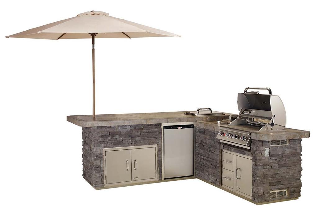 Gourmet - Q Standard Features Angus 4 Burner Grill - Stucco Base Tile Counter - Stainless Steel Refrigerator Stainless Steel Sink and Faucet - (2)Horizontal S/S Access Door GFCI Outlet Optional