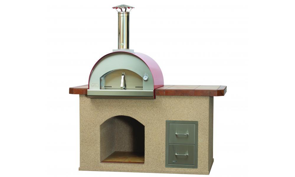 Small Pizza Q Island Standard Features Small Pizza Oven * Stainless Steel Access Door Porcelain Tile Counter * Stucco Base Finish Wood Storage Cutout w/ Tile Finish * Double Drawer Optional Upgrades