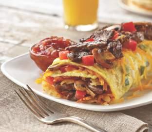 Omelette de Bistec Colorado Omelette Bacon, shredded beef, pork sausage & ham with green peppers, onions & Cheddar. Served with our salsa.