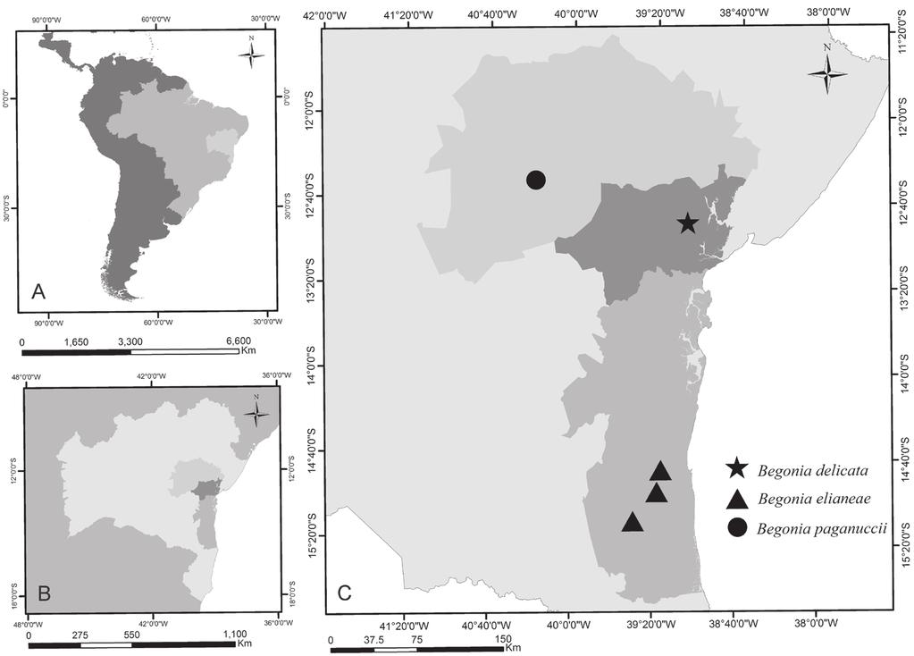 6 Bernarda de Souza Gregório et al. / PhytoKeys 44: 1 13 (2015) Figure 2. Geographical distribution of three new species of Begonia.