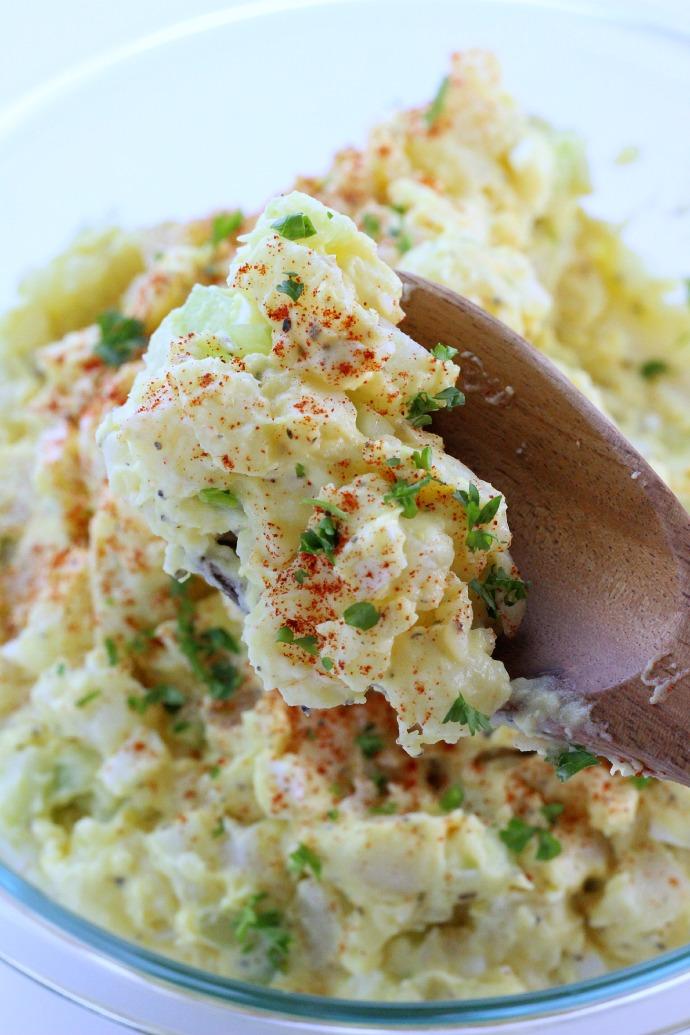 SIDES SUMMER DEE S POTATO SALAD Peel and chop 4 medium size potatoes and boil in water until soft Drain potatoes and spread out on cookie sheet. Put in refrigerator for 30 minutes to cool.