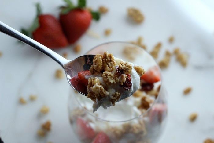 BREAKFAST BREAKFAST STRAWBERRY YOGURT GRANOLA PARFAIT INGREDIENTS: Fage Greek Yogurt (or your favorite yogurt) Open Nature Cranberry Nut Goodness (or any