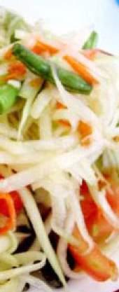 2 cups shredded fresh green papaya, use a Pro-Slice Thai peeler 3 medium roma tomatoes, or use a few more if you can find cherry tomatoes A handful of fresh string beans cut into 1 inch pieces 2