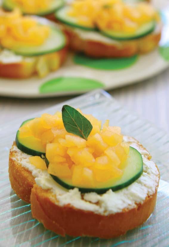 Yield: 10 Servings Cantaloupe Crostini ½ large French baguette 2 tablespoons olive oil ¼ cup herbed goat cheese 1 medium Florida cucumber, thinly sliced 3 cups Florida cantaloupe, diced Preheat oven