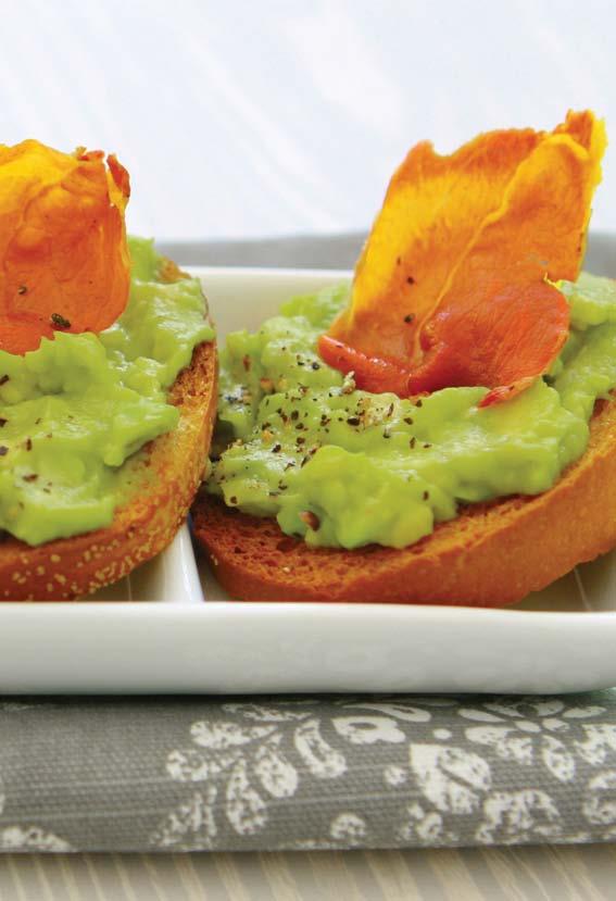 Yield: 24 Servings Crispy Prosciutto and Avocado Crostini 4 ounces thinly sliced prosciutto, torn into 3-inch pieces 1 medium baguette, sliced into ½-inch thick rounds Extra virgin olive oil for