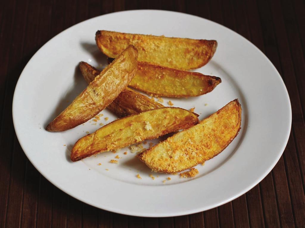 YIELD 2-4 SERVINGS COOKING TIME 25 MINUTES 2 YUKON GOLD POTATOES, CUT IN 6 WEDGES EACH 1 TABLESPOON OLIVE OIL 1/2 TEASPOON SMOKED PAPRIKA 1/4 TEASPOON SALT 1/4 CUP GRATED PARMESAN CHEESE Smo ed