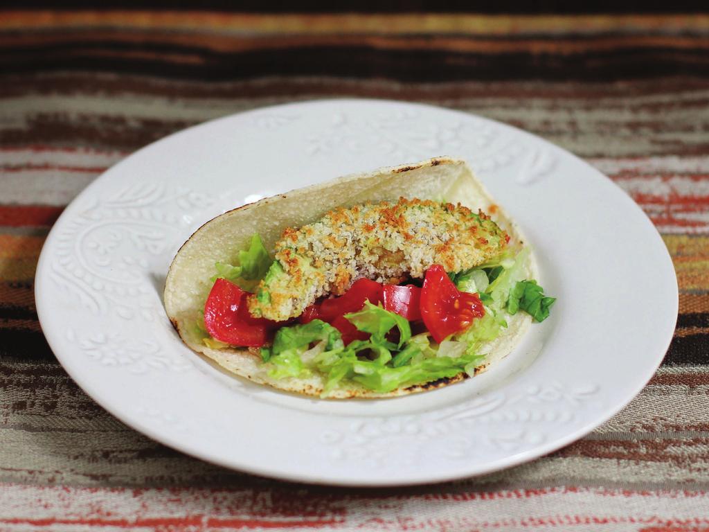 YIELD 12 SLICES PREP TIME 5 MINUTES COOKING TIME 15 MINUTES 1 AVOCADO 1 EGG SALT, TO TASTE 1/2 CUP PANKO BREAD CRUMBS TORTILLAS, AS NEEDED TOPPINGS, AS DESIRED Fried Avocado Tacos Cut the avocado in