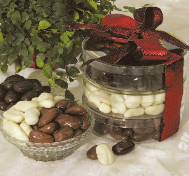 They come stacked in an impressive tower of 3 see-through gift boxes, each filled with a different variety of your favorite double-dipped chocolate pecans: Milk Chocolate, Dark Chocolate and White