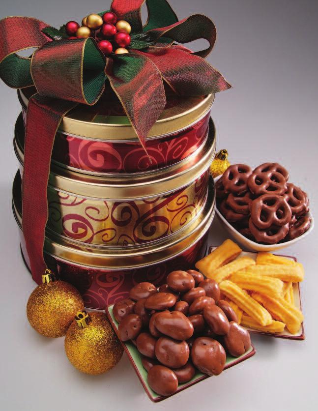 Your grateful recipient receives a tower of 3 clear acrylic gift boxes, each filled with our most popular flavored pecans: Double-Dipped Chocolate Pecans...sweet & crispy Praline Pecans.