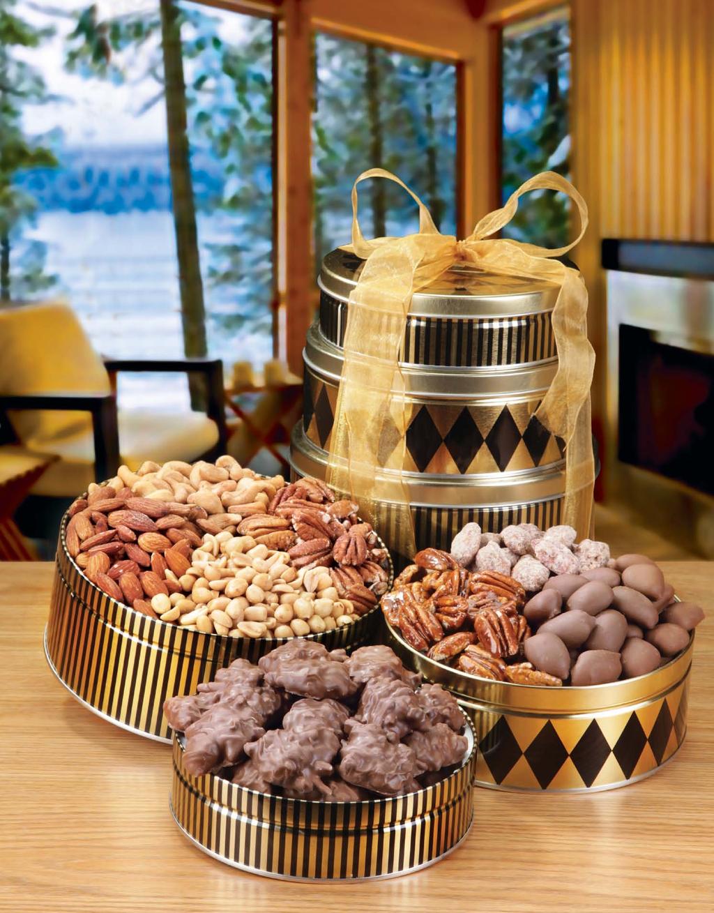 Classic Black & Gold Tower Our black and gold ensemble will definitely be a holiday hit! Each tin features a taste of Mascot s finest candies and nuts, perfect for that special person on your list.
