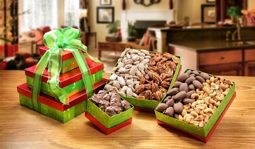 The bottom box contains Roasted & Salted Pecans, Roasted & Salted Cashews, and Almonds.