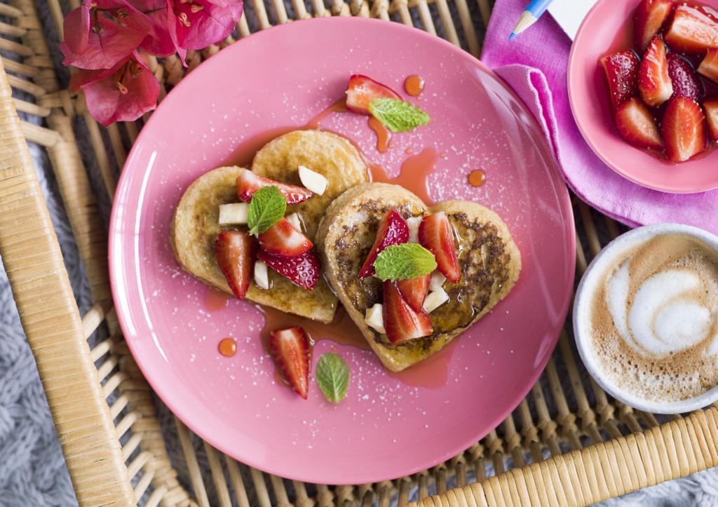 French toast hearts with fresh strawberries and bananas Serves 4 Preparation time: 15 minutes Cooking time: 20 minutes 8 thick slices of wholegrain or wholemeal bread 2 eggs 1/3 cup milk 1 tsp
