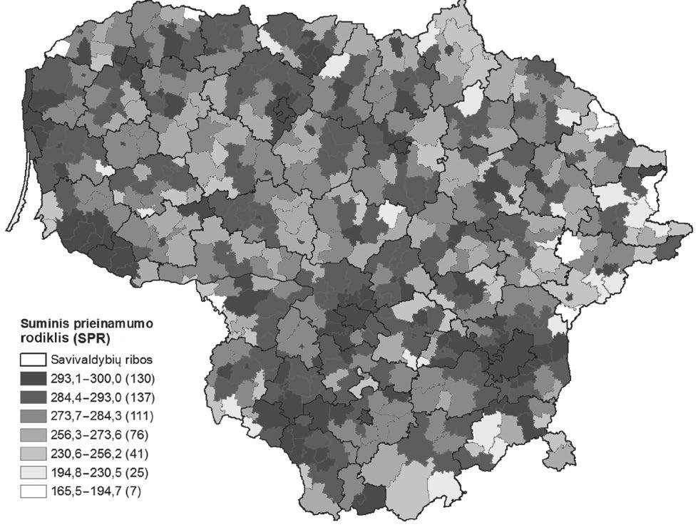 Kauno apskrityje tik vienos savivaldybės SPR reikšmė buvo žemesnė nei 282,1 (Birštono sav. SPR = 264,6), kitose Kauno apskrities savivaldybėse SPR svyravo nuo 287,1 iki 300.
