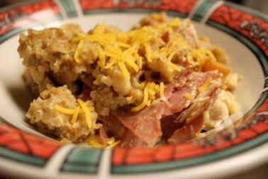 Chicken Cordon Bleu Ingredients: 5-6 large boneless skinless chicken breasts, cut into pieces 1 can of Cream of Chicken Soup 2 boxes of Chicken Stuffing (Stovestop or off brand prepared as package