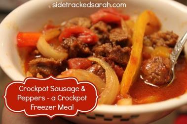 Crockpot Sausage & Peppers Ingredients: 2 lbs sweet or hot Italian sausages 2 onions 3 red, yellow or green peppers, cut into 2 slices 2 cloves of garlic 14 oz can diced tomatoes 6 oz can of tomato