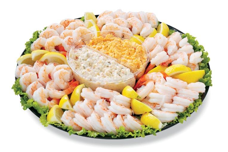 SHRIMP AND CRAB DIP TRAY Succulent cooked shrimp paired with creamy crab dip and fresh lemon.