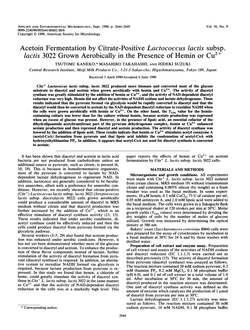 APPLIED AND ENVIRONMENTAL MICROBIOLOGY, Sept. 199, p. 2644-2649 99-224/9/92644-6$2./ Copyright C) 199, American Society for Microbiology Vol. 56, No.