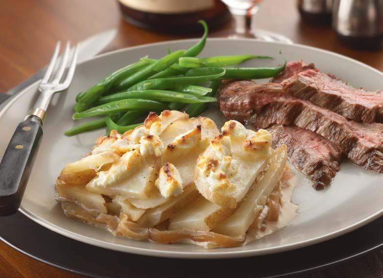 GOAT CHEESE POTATOES AU GRATIN SIMPLY POTATOES ¼ SKIN-ON SLICED POTATOES #34000 YIELD: 12 servings Simply Potatoes ¼ Skin-On Sliced Potatoes #34000 yellow onions, sliced, caramelized goat cheese,