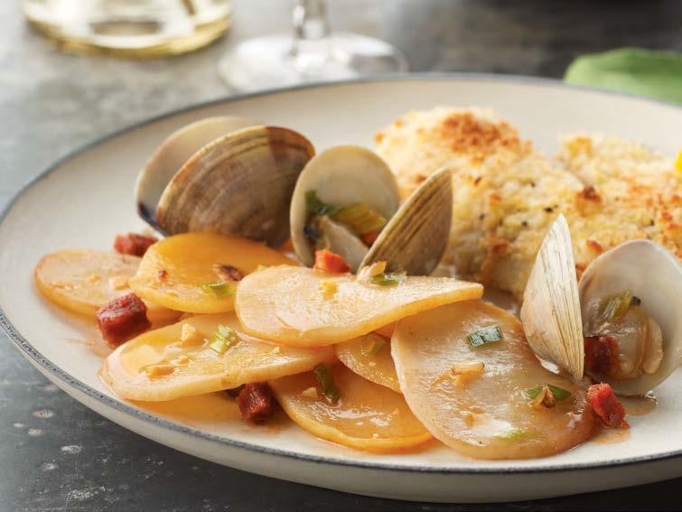 LITTLENECK CLAMS WITH SLICED POTATOES SIMPLY POTATOES AMERICAN HOME FRIES SLICED POTATOES #15120 YIELD: 4 servings Simply Potatoes American Home Fries 12 oz. Sliced Potatoes #15120 olive oil 2 Tbs.