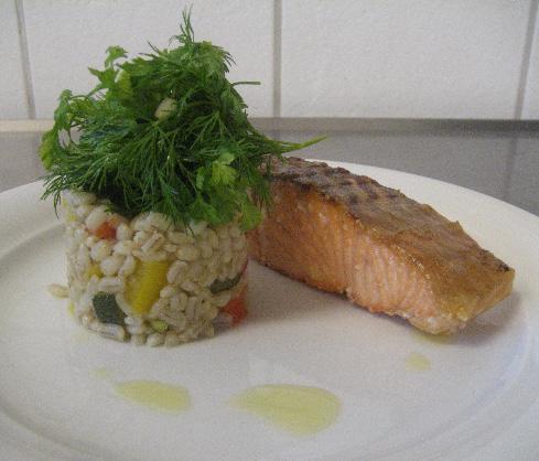 Grilled steak of salmon with pearl barley risotto Recipes serve 20.