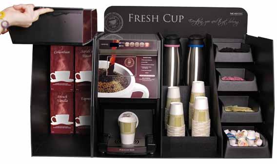 Custom designed to house your Fresh Cup, Napkins, cups and necessary condiments to provide an organized coffee preparation area at your customer s place of work.