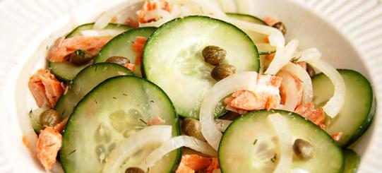 Onion and Cucumber Salmon Salad Salmon and capers combine with cucumber and onion to make a salad that could be substantial enough to be a meal.