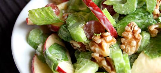 Waldorf Salad The Waldorf salad is simple and light, perfect as a first course. Apples, grapes, celery, and walnuts are featured, served with a mayo-based dressing.