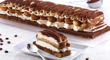 TIRAMISÙ TRADITIONAL Mascarpone cream on a sponge base covered by a row of espresso drenched ladyfingers, topped with waves of